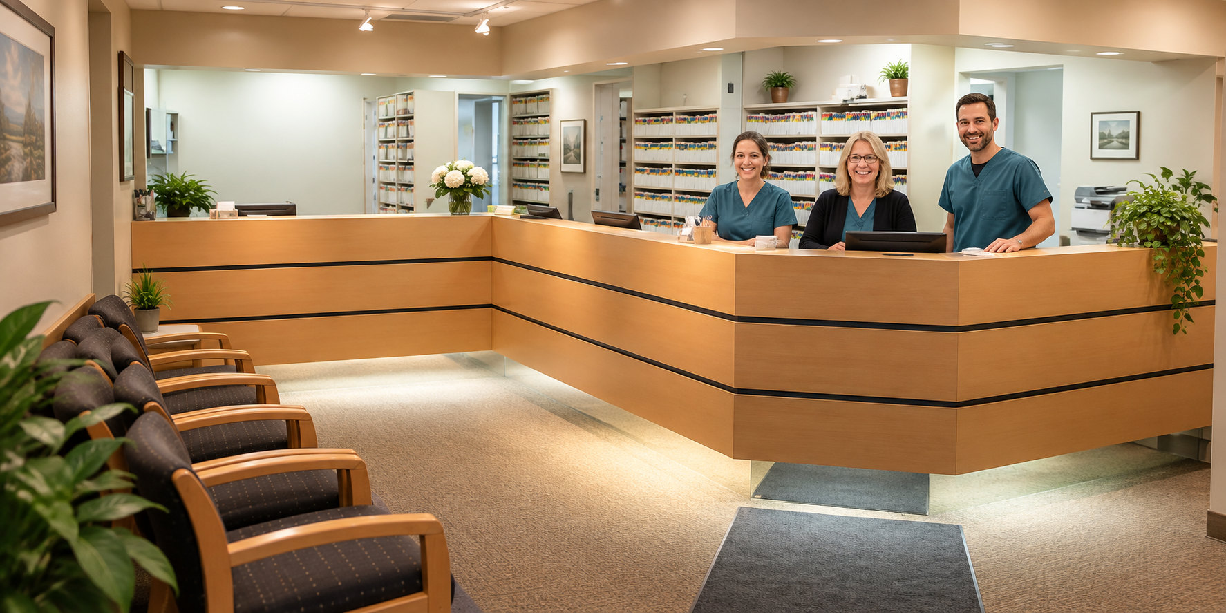 Smiling dental office staff behind a reception counter
